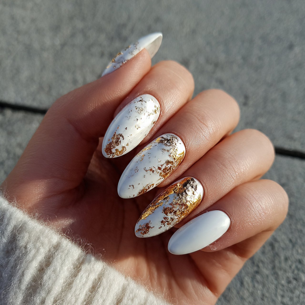 white almond nails with gold foil attractive nails