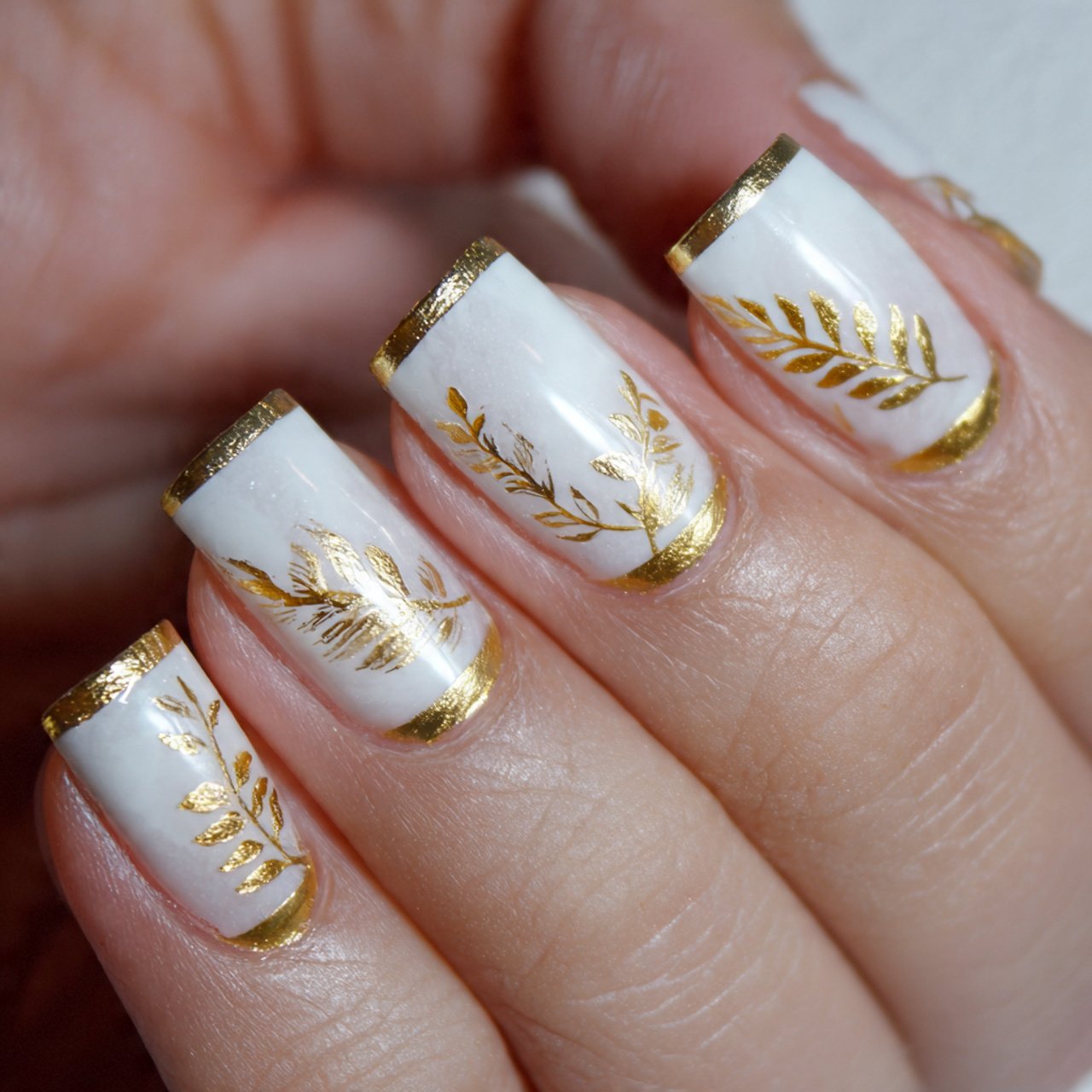 white and gold leaf accents nature look nails
