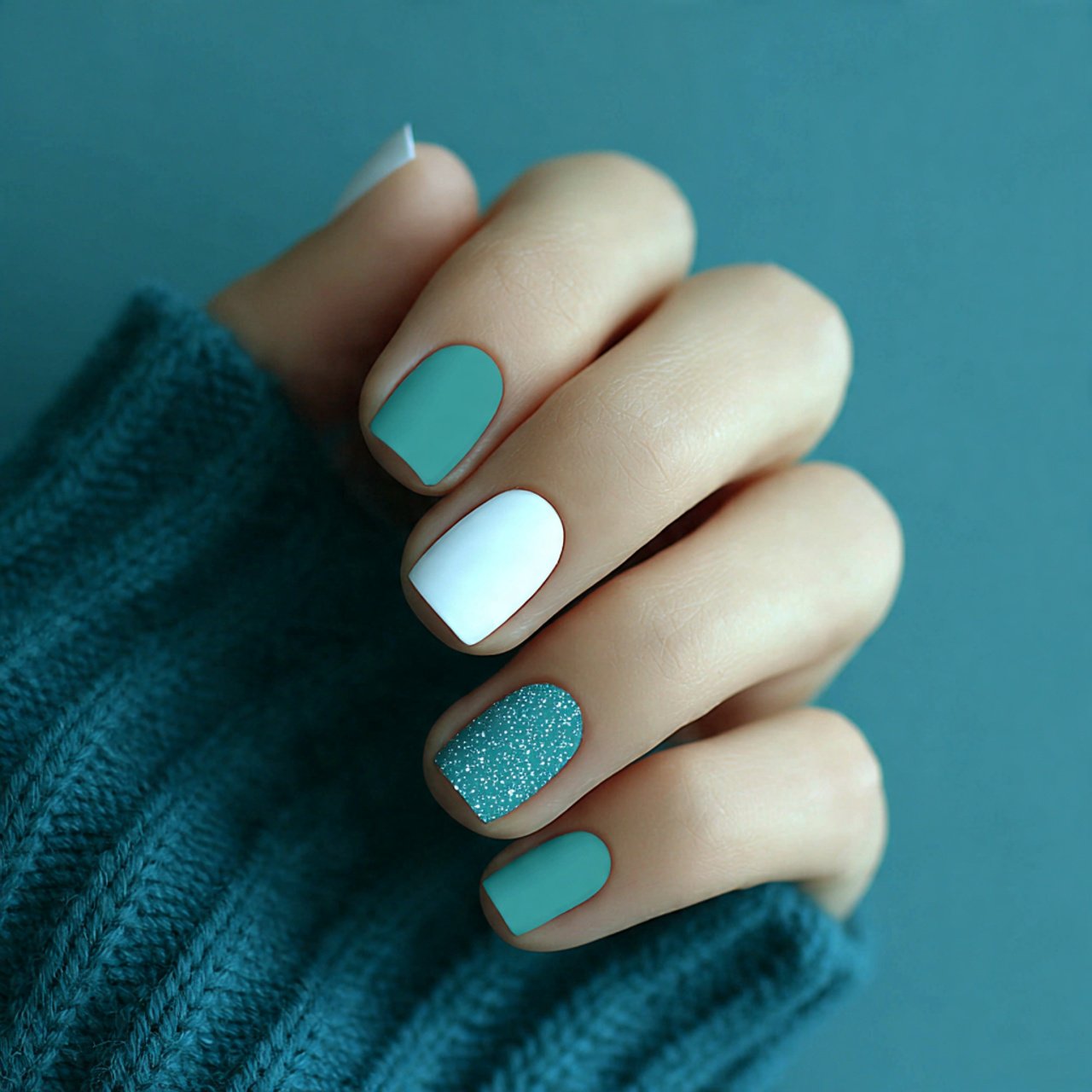 white cat eye nails with a holo glitter overlay na