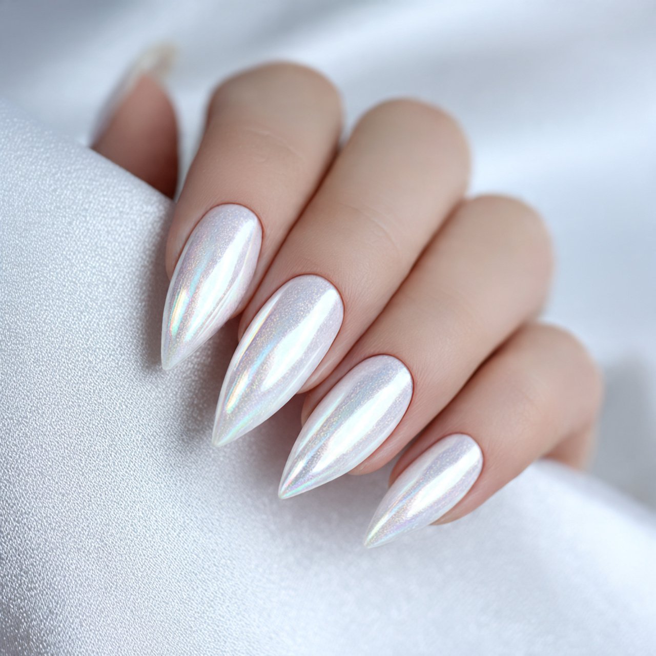 white cat eye nails with chrome powder nature look