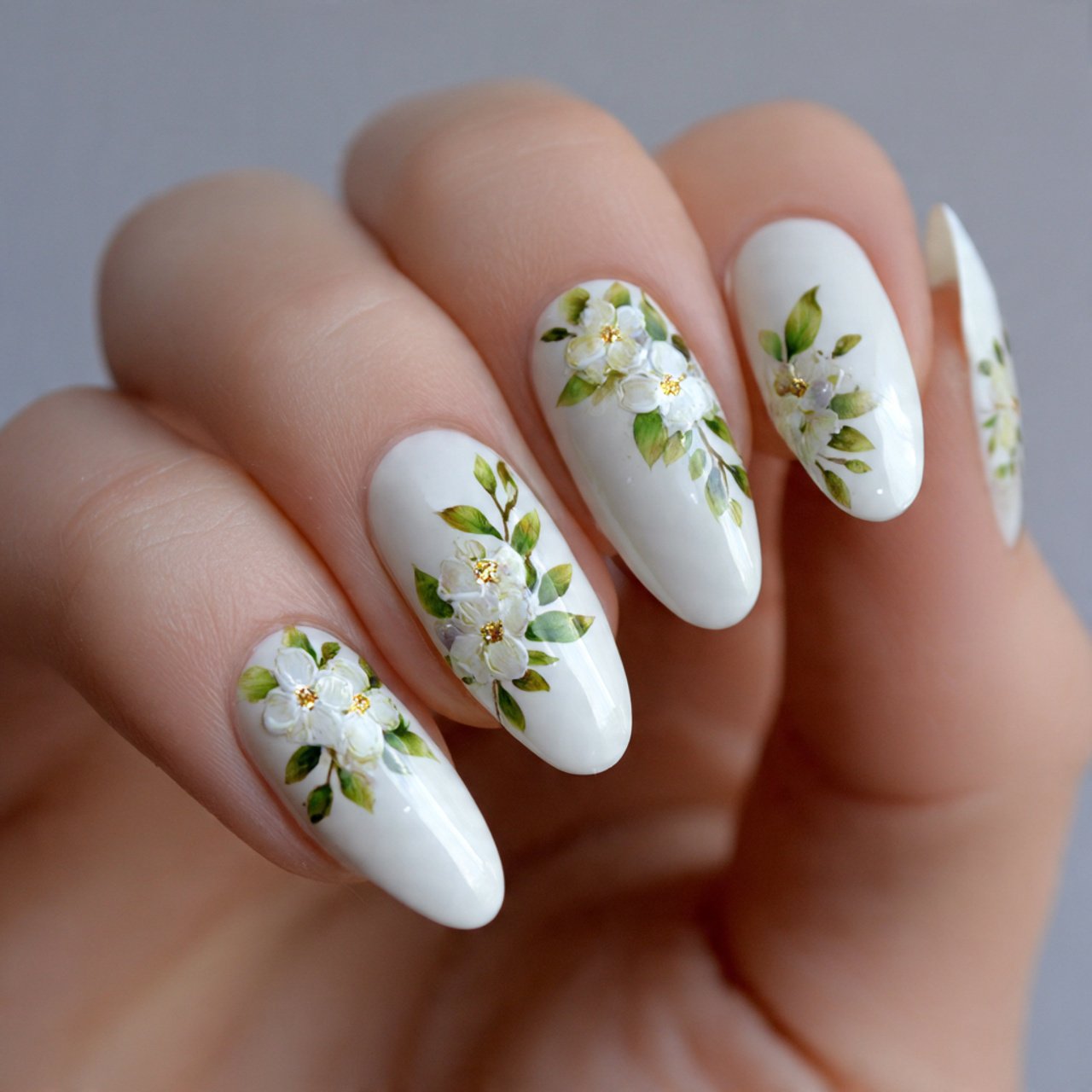 white cat eye nails with floral accents nature nai
