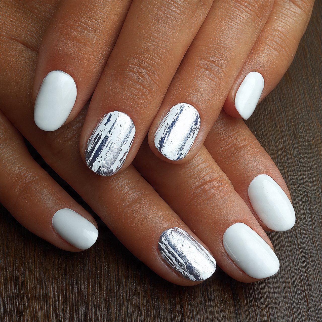 white cat eye nails with metallic foil attractive