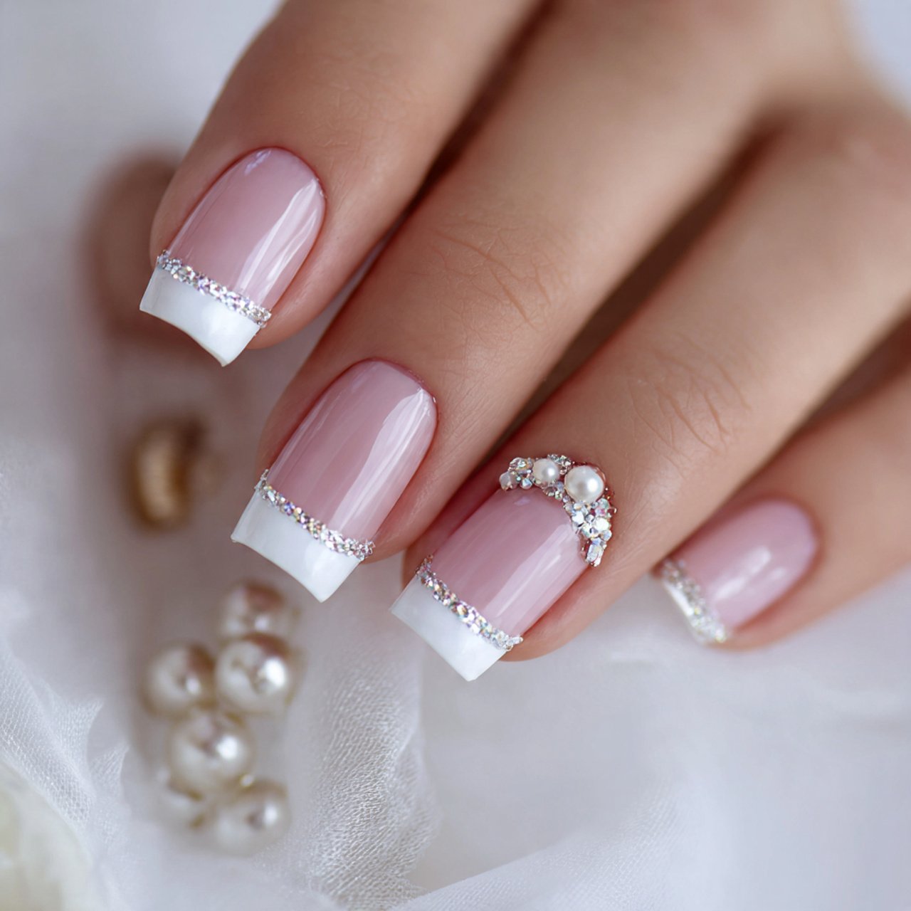 white french tip nails with pearl accents nature l 1