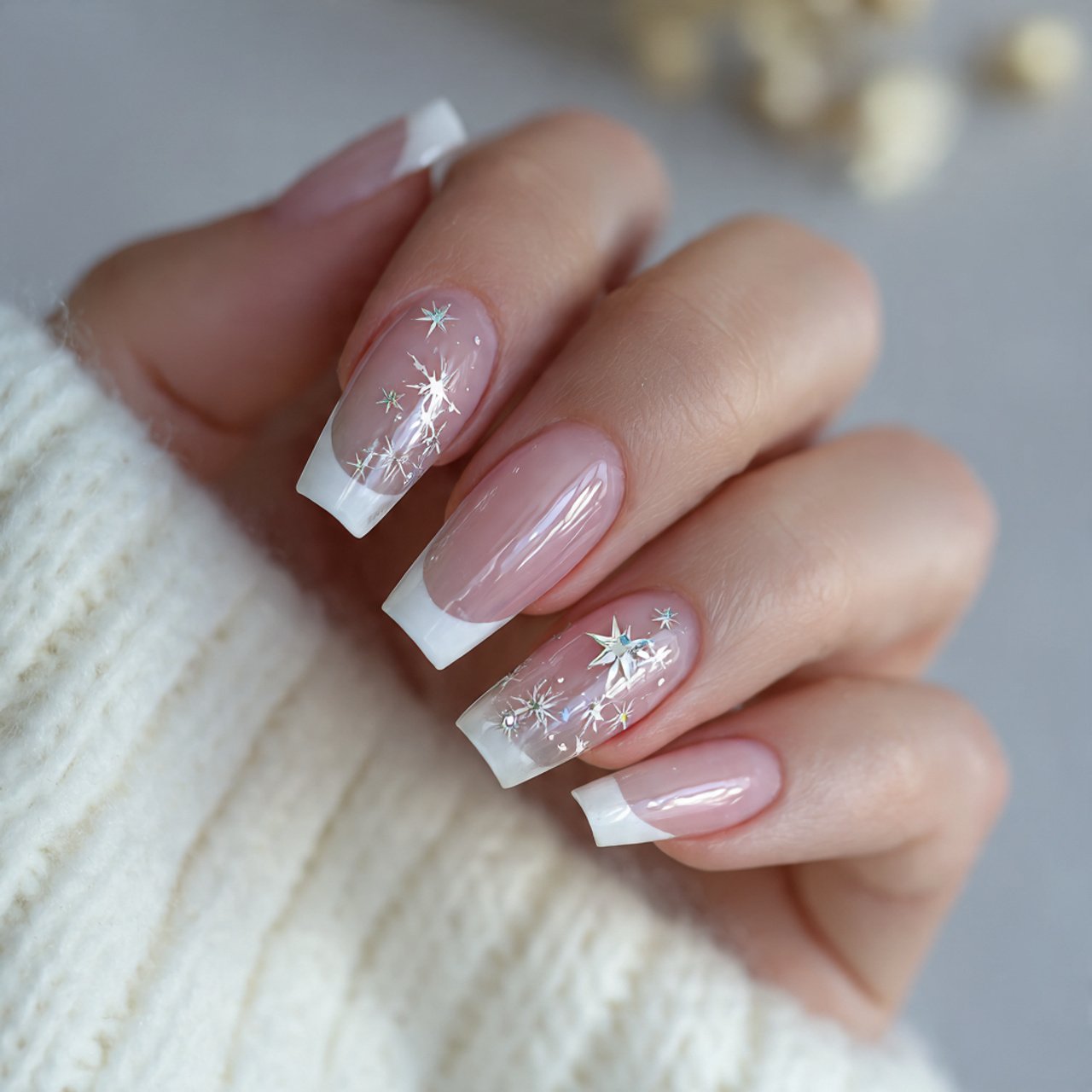 white french tip nails with sheer twinkle stars na