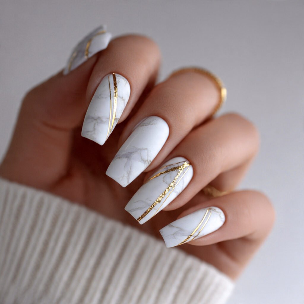 white matte with gold accents attractive nails