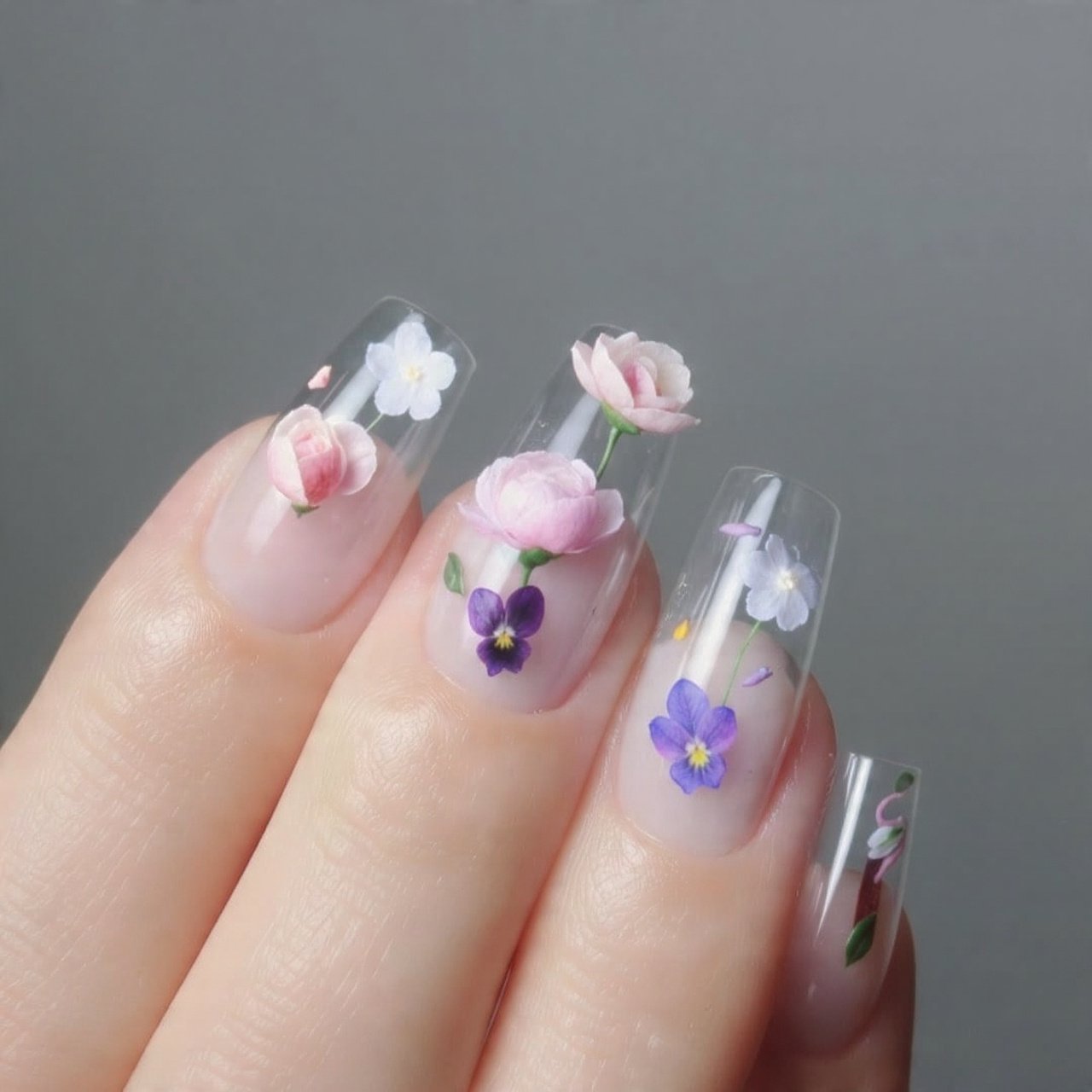 white milk bath nails with floating petals attract