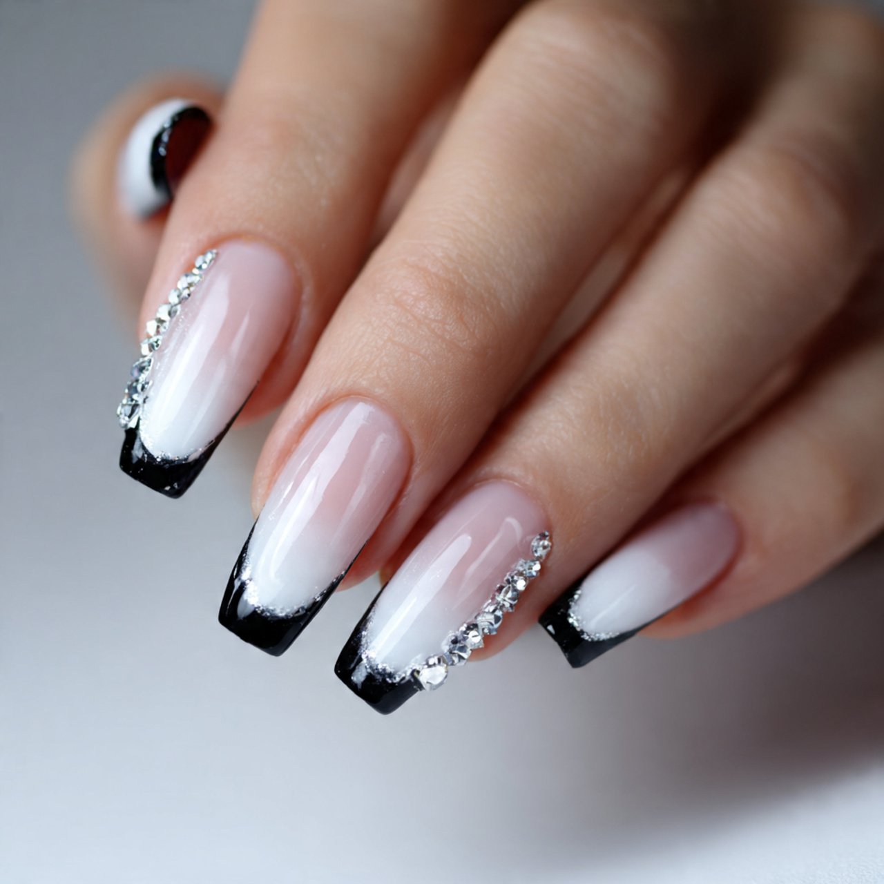 white tips with black detailing attractive nails