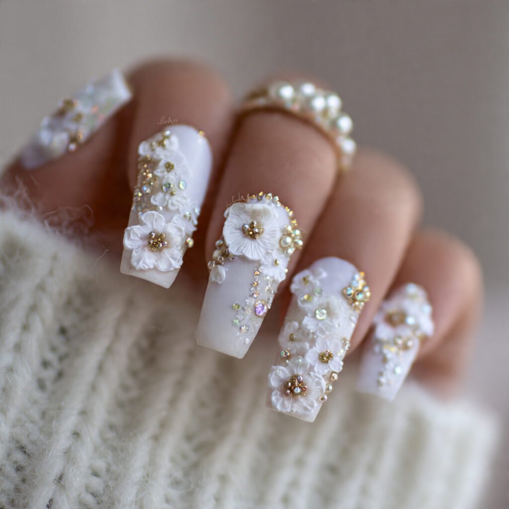 white 3d micro florals soft statement attractive nails