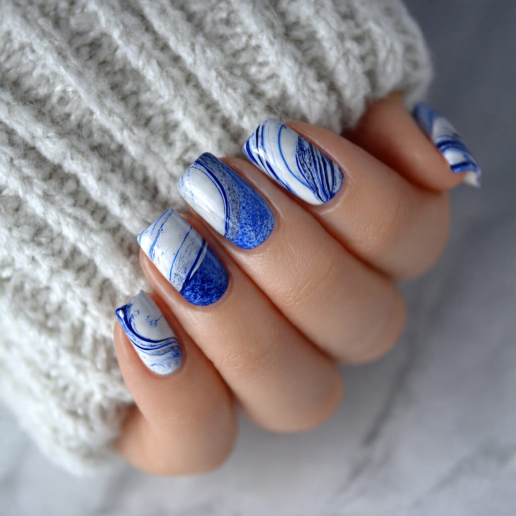 white base with thin cobalt swirl lines
