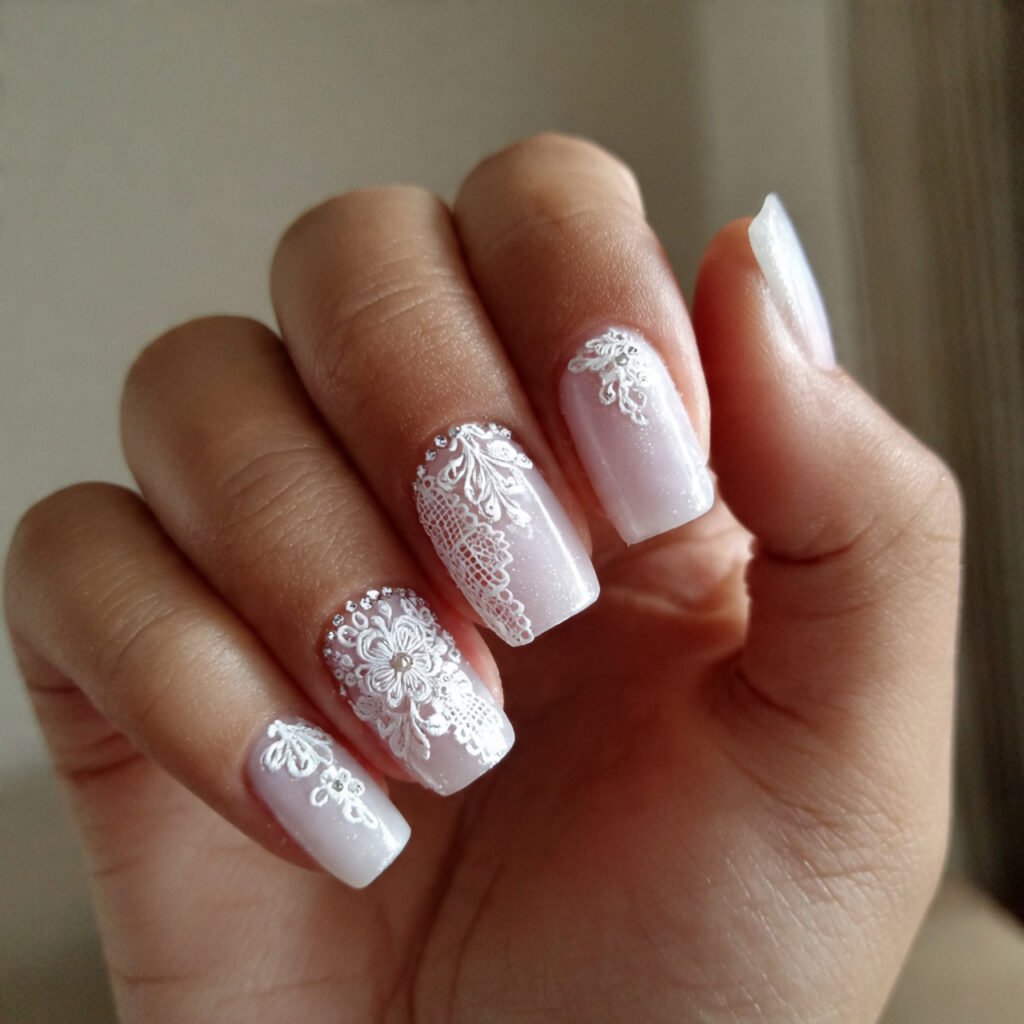 white lace inspired detailing bridal ready attractive nails