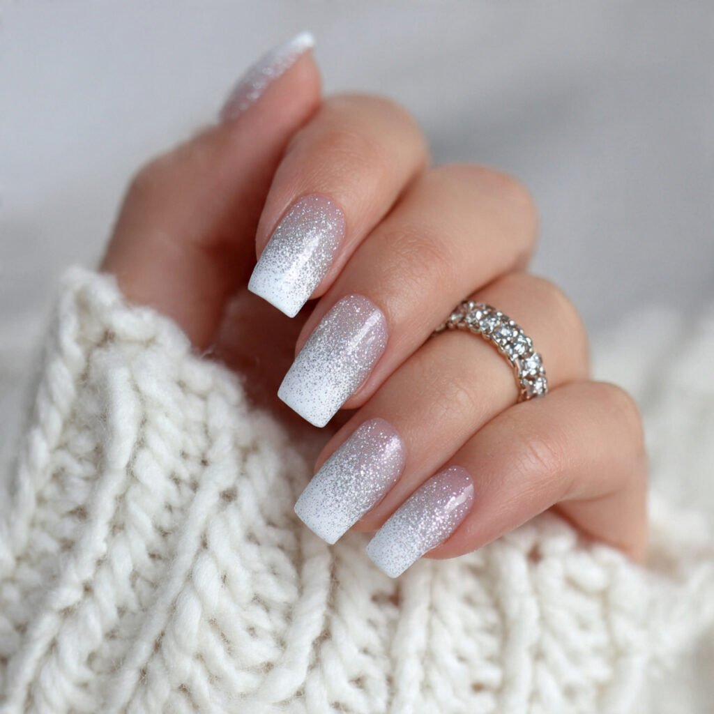 white with silver glitter gradient attractive nails