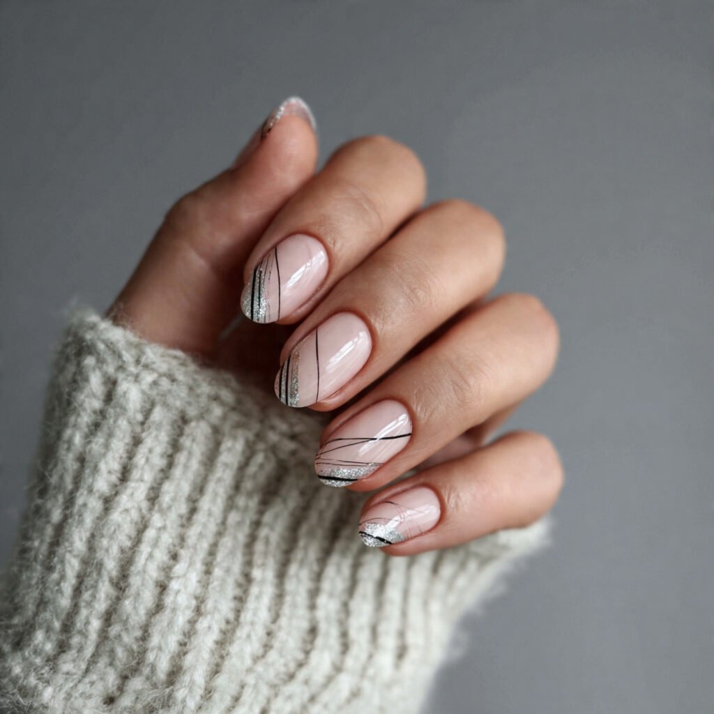 with silver minimalist lines nails