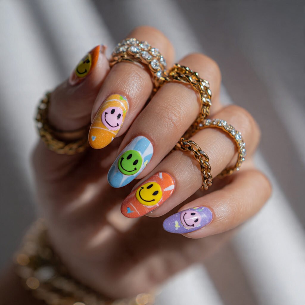 y2k abstract smiley faces attractive nails