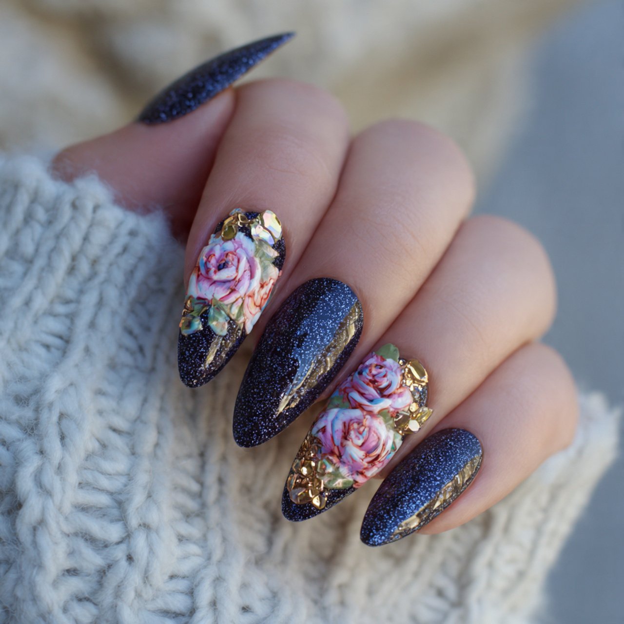 3d floral accent prom nails