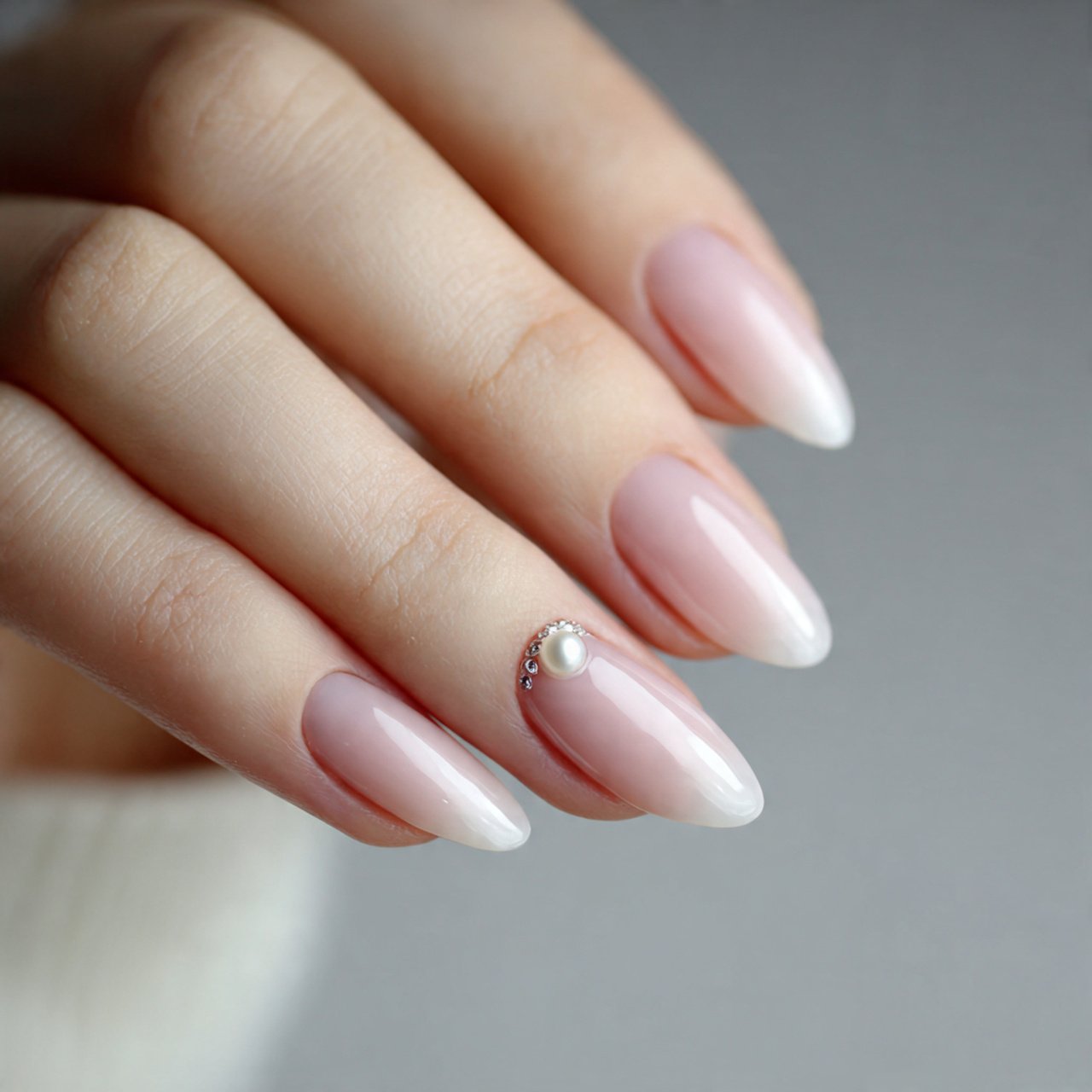 almond nails with a single pearl accent slaying na