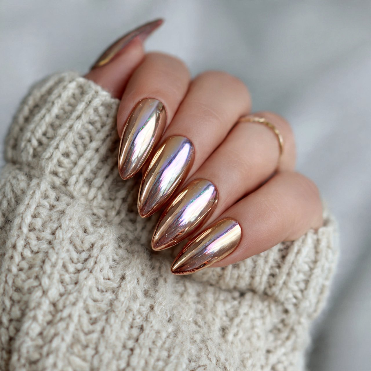 almond nails with champagne chrome nails
