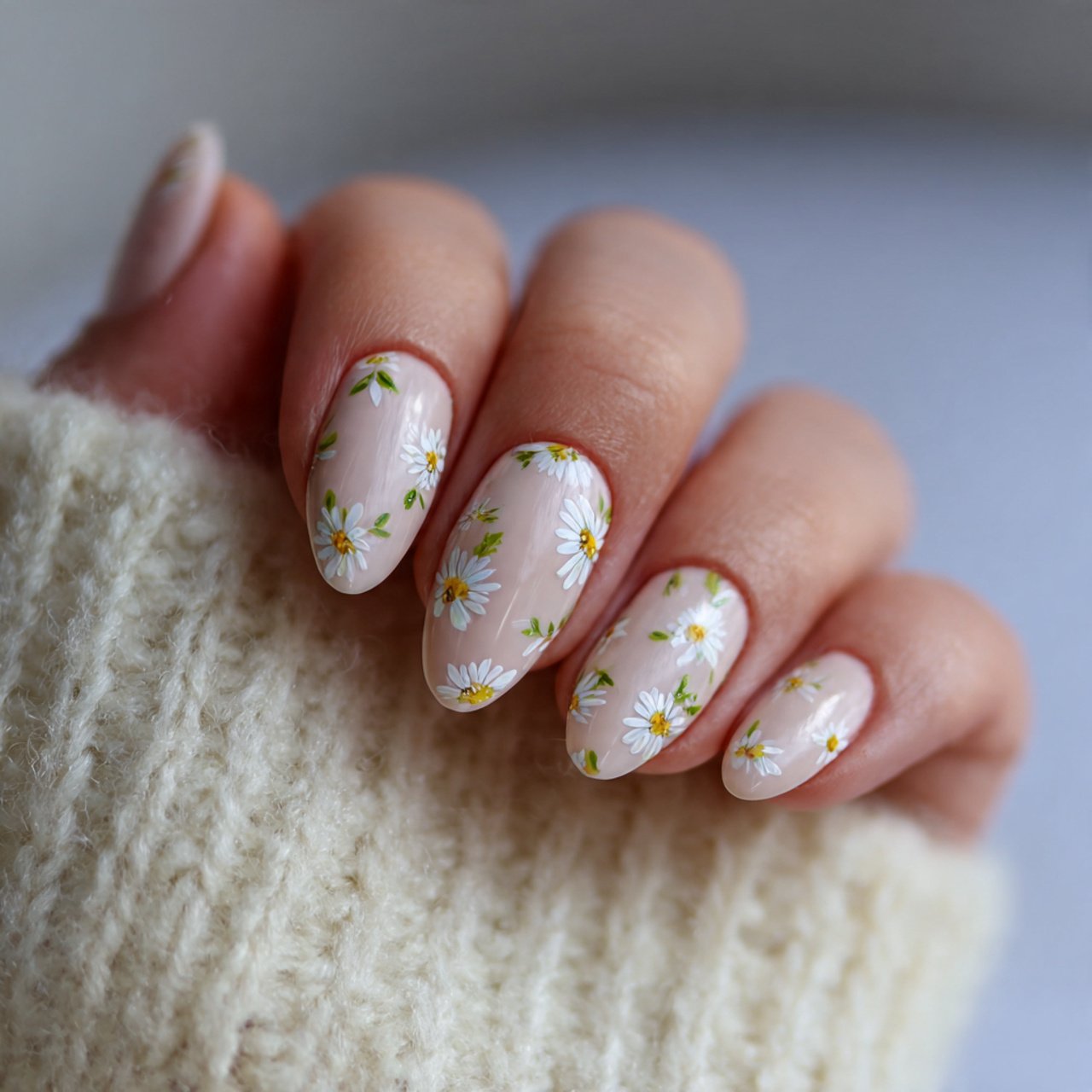 almond nails with tiny white daisies nails