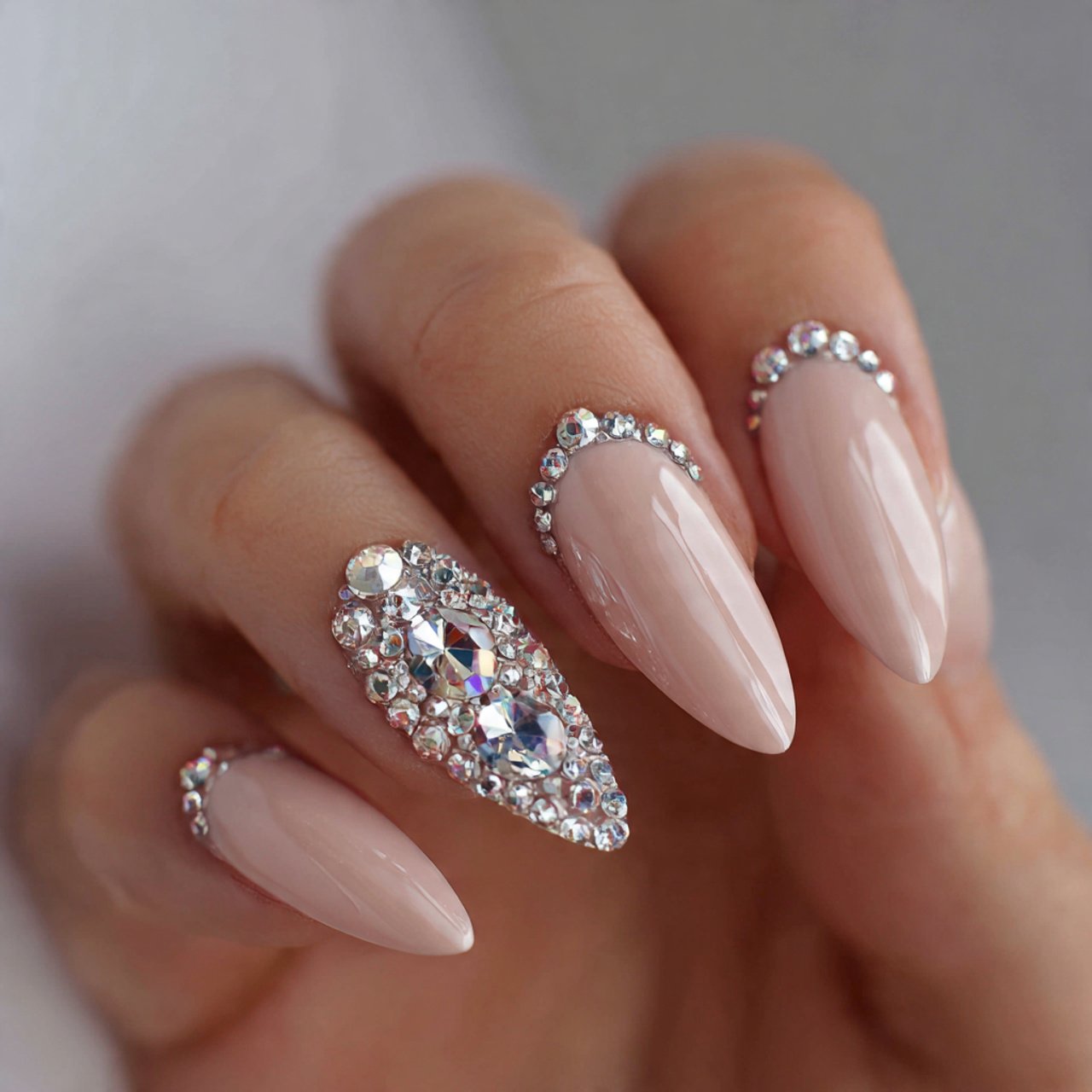 almond rhinestone nails