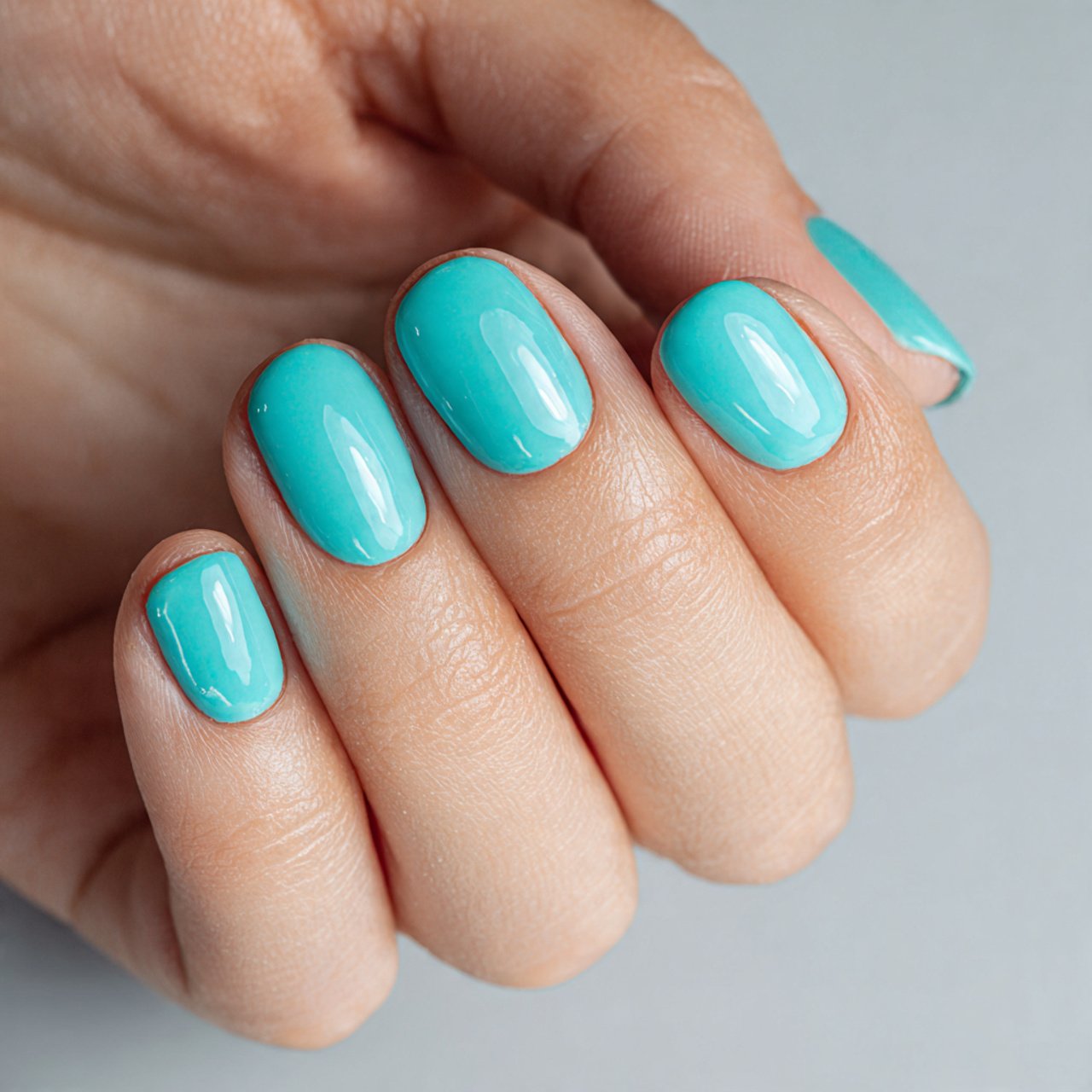 aqua blue short nails with glossy finish nails