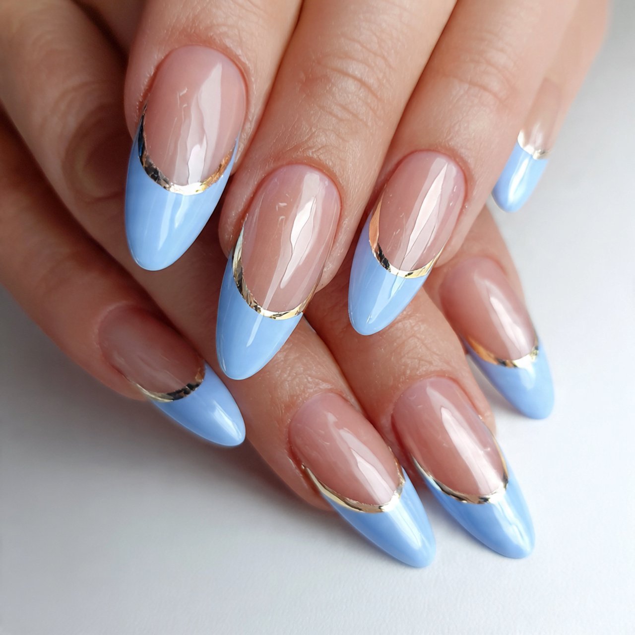 baby blue and caramel french tips creative nails