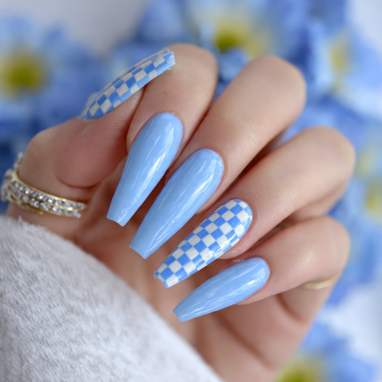 baby blue checker tips nails