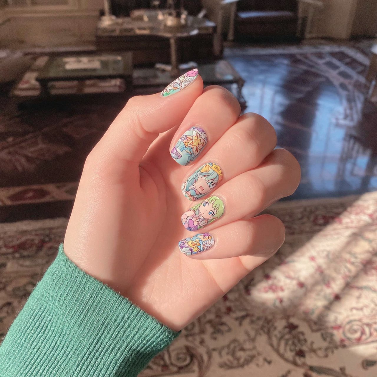 baby blue fine line art on attractive nails