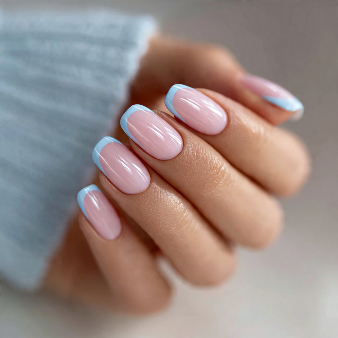 baby blue french tips with milky pink base attract