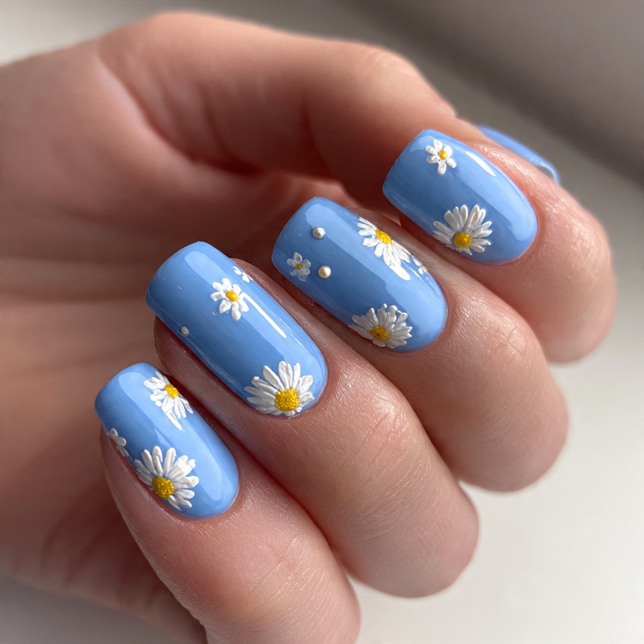 baby blue nails with tiny white daisies nails