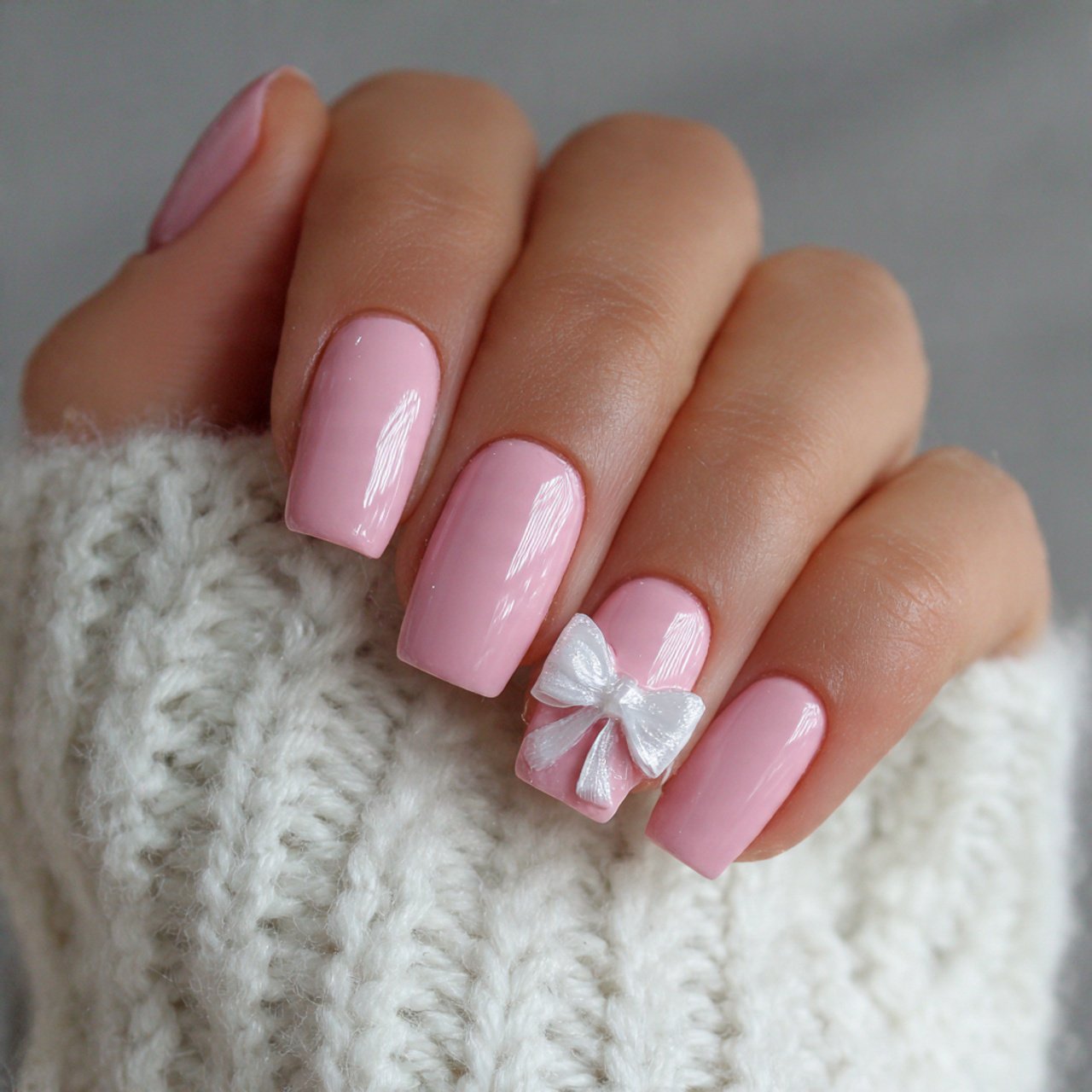 baby pink bow accent nails