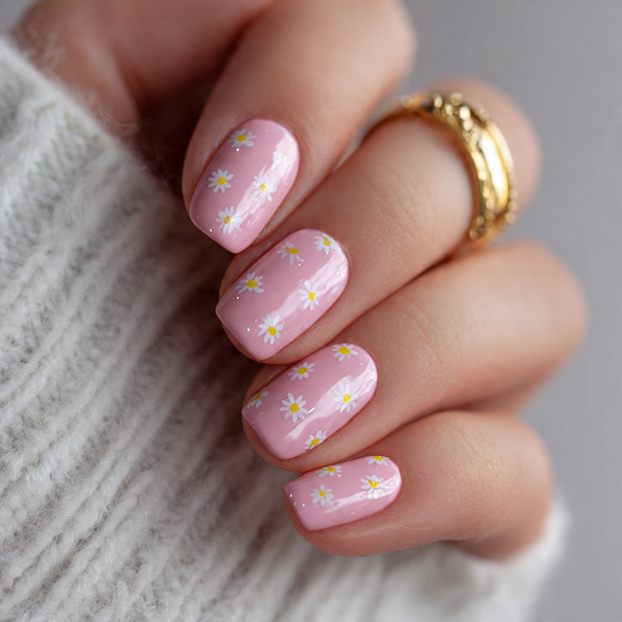 baby pink summer nails with tiny daisies nails