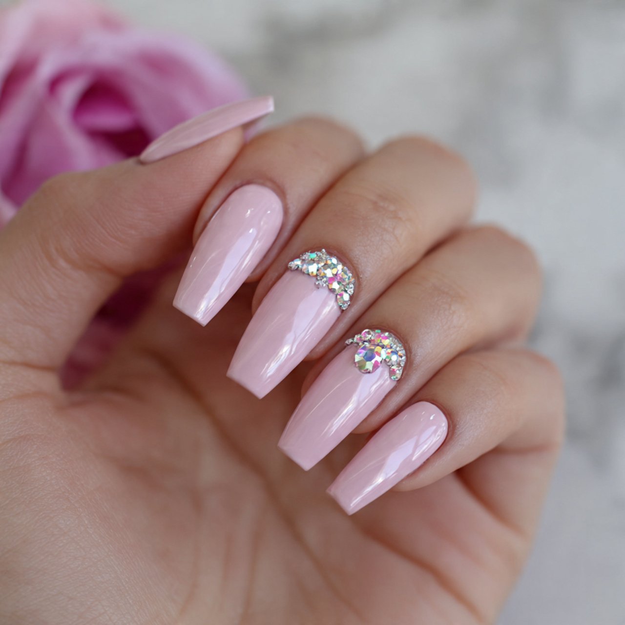 ballet pink coffin nails with rhinestone accent na