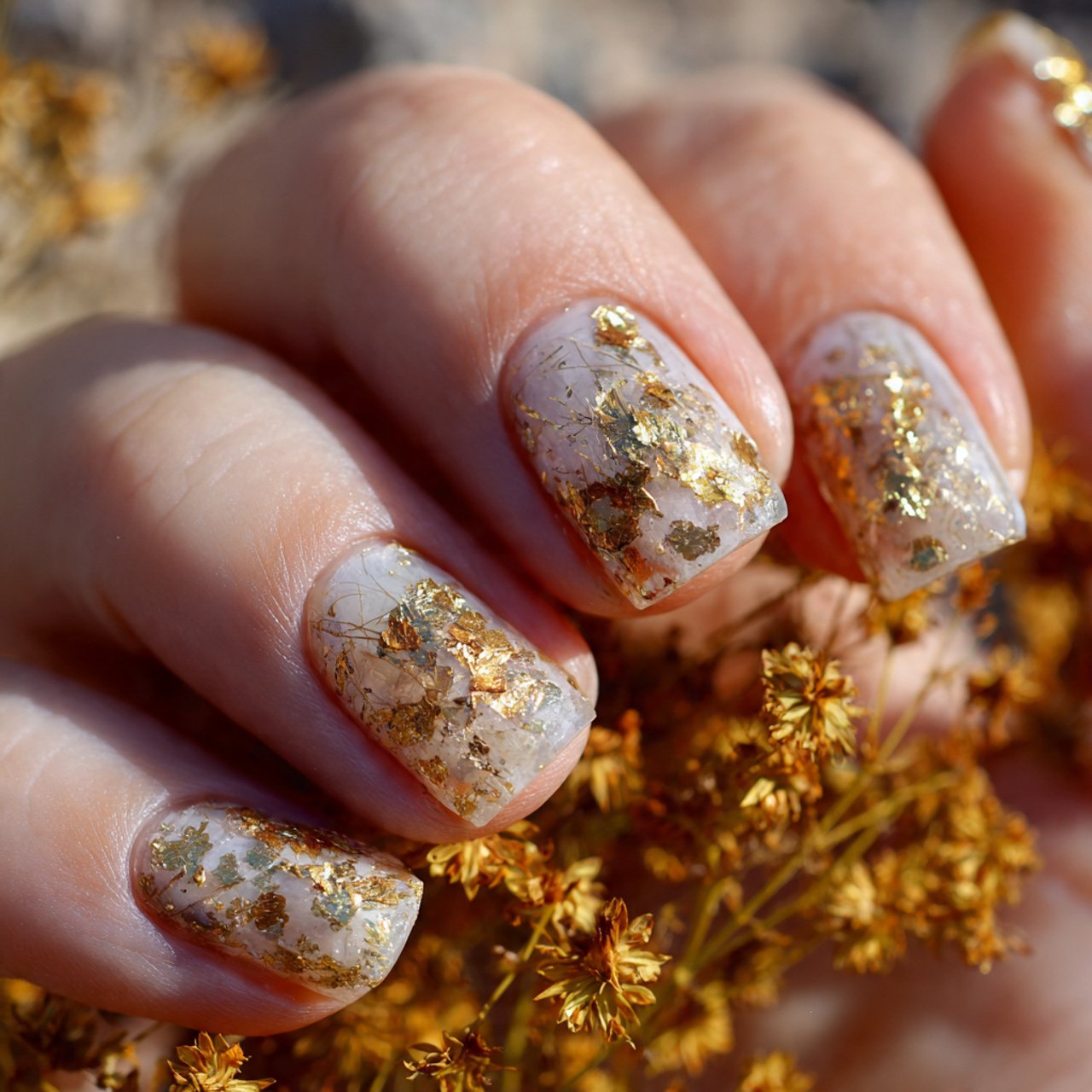 base thin gold foil flecks scattered not full cove