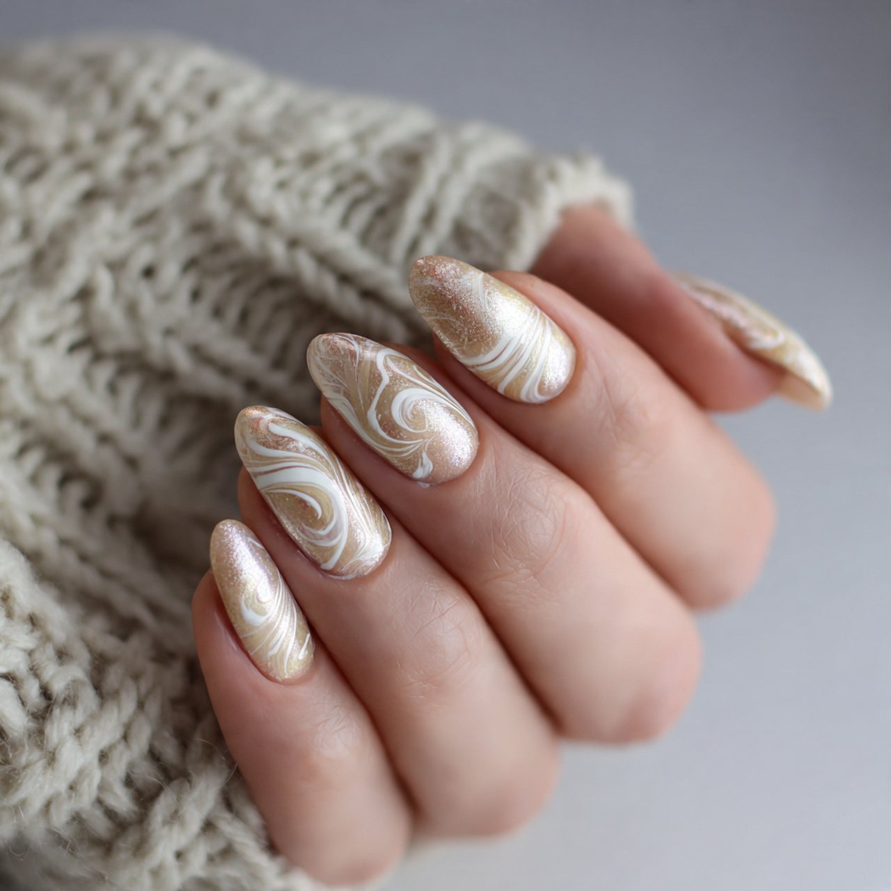 beige chrome nails with minimal white swirls nails