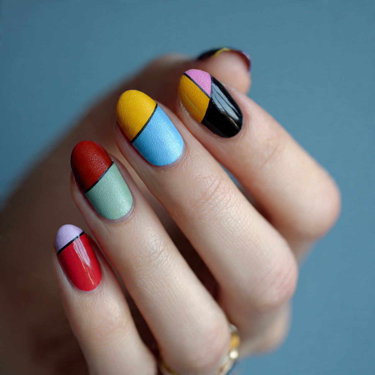 black abstract color block nails
