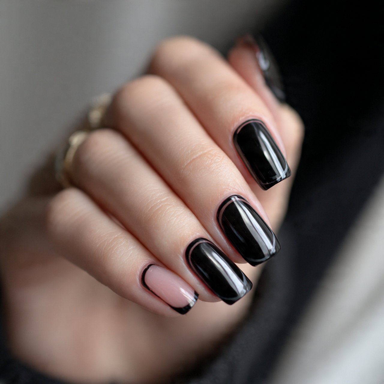 black and bare negative space short coffin nails t