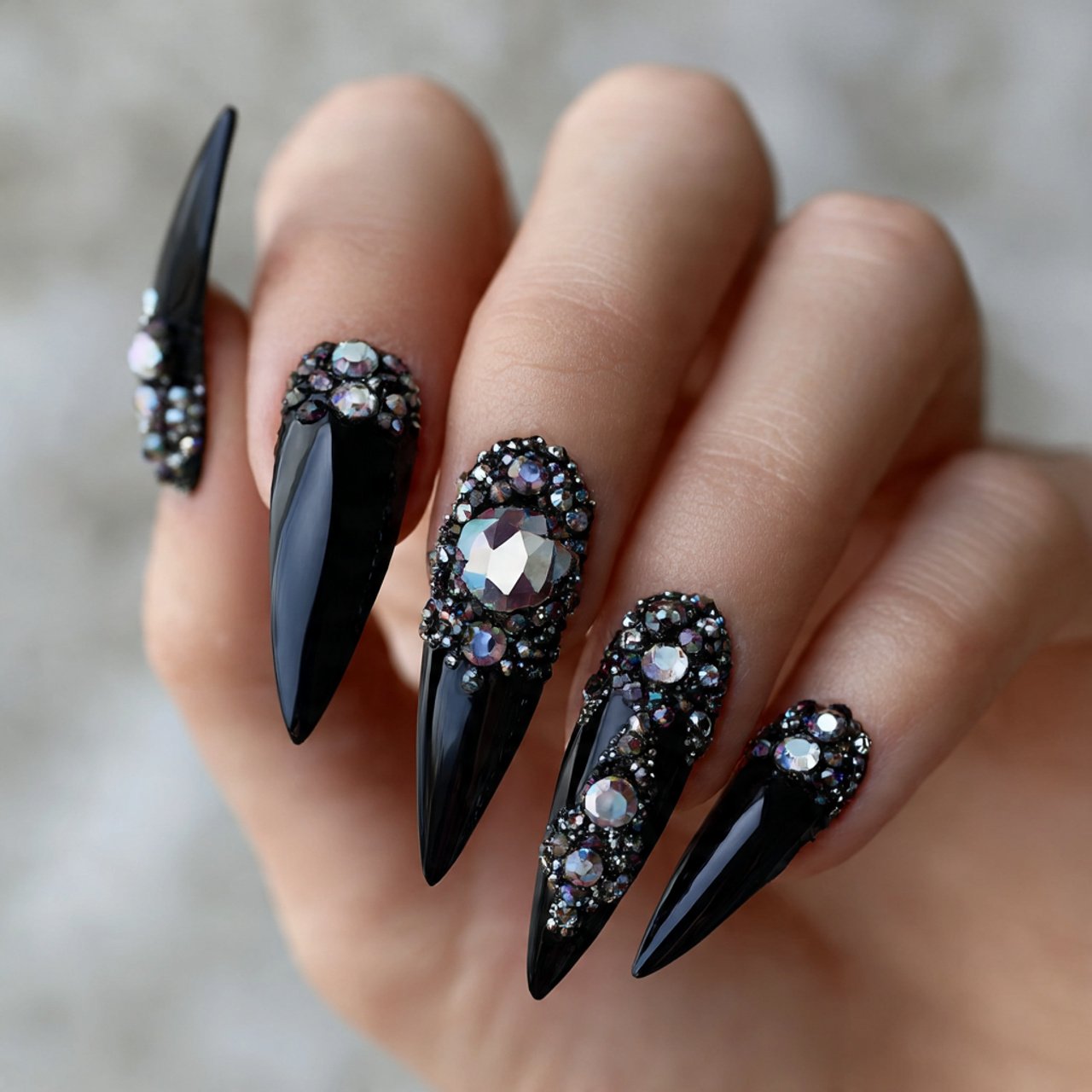 black and crystal bling nails