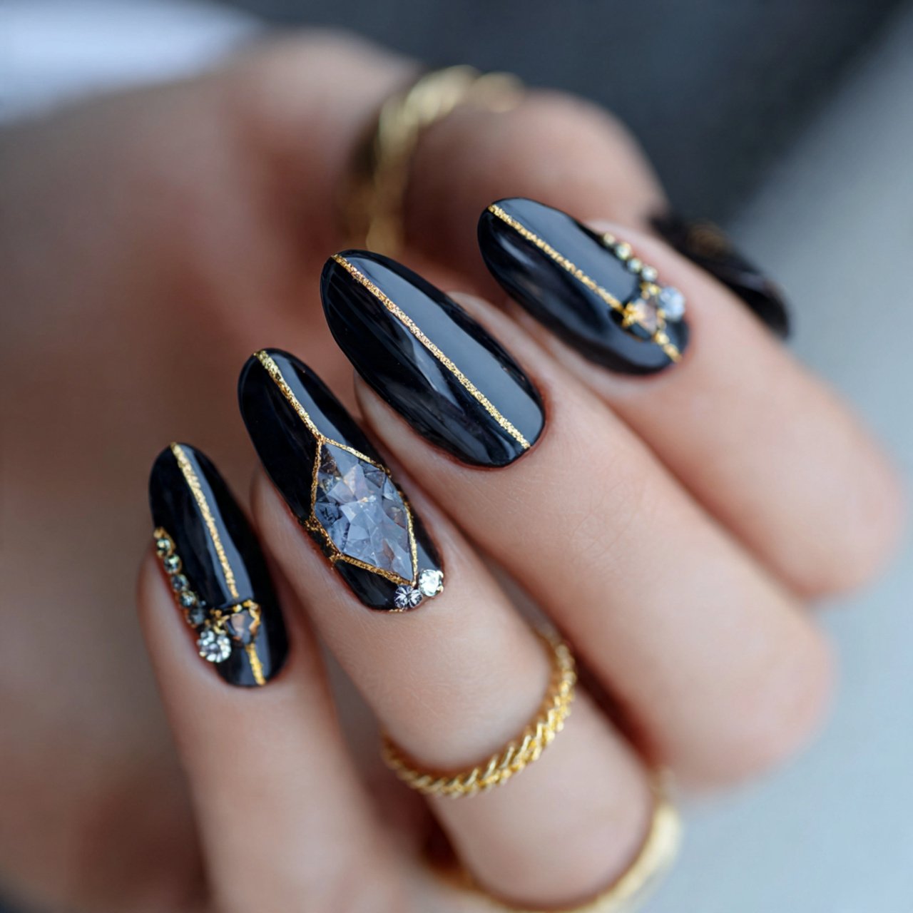 black and modern prom nails