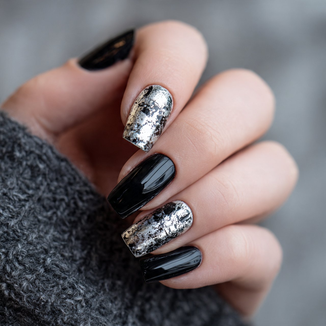 black and silver accent nails