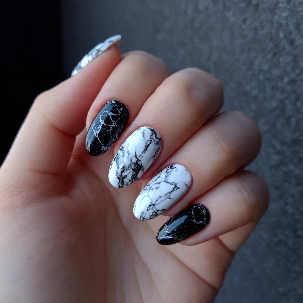 black and white high contrast marble nails