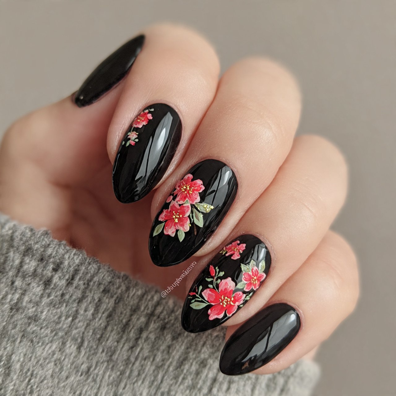 black floral accent nails