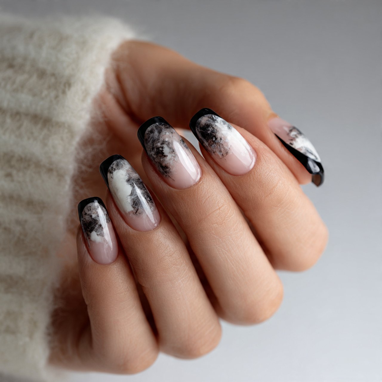 black french tips with a milky base nature look na