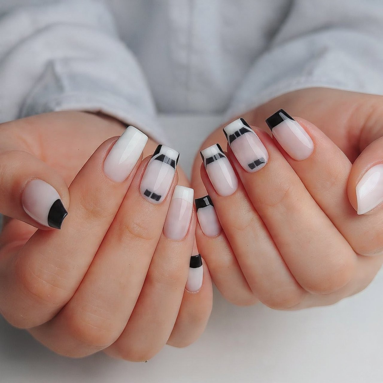 black tuxedo nails black white minimal contrast na
