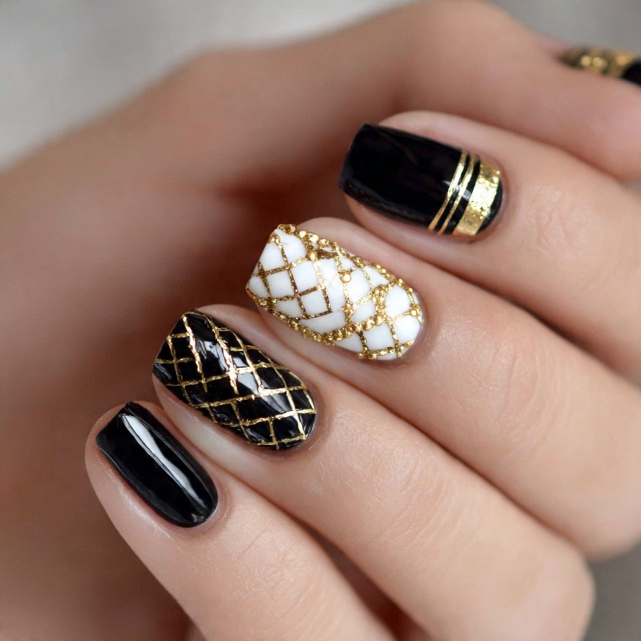 black white nails with gold accents attractive nai