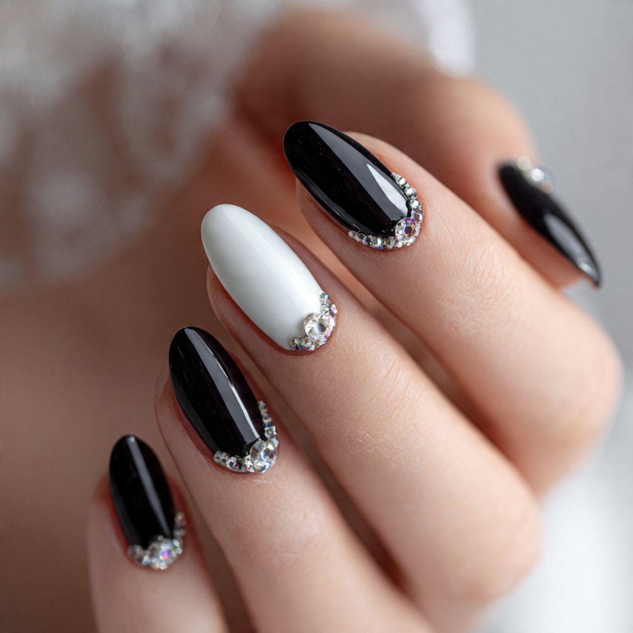 black white nails with tiny rhinestone details att