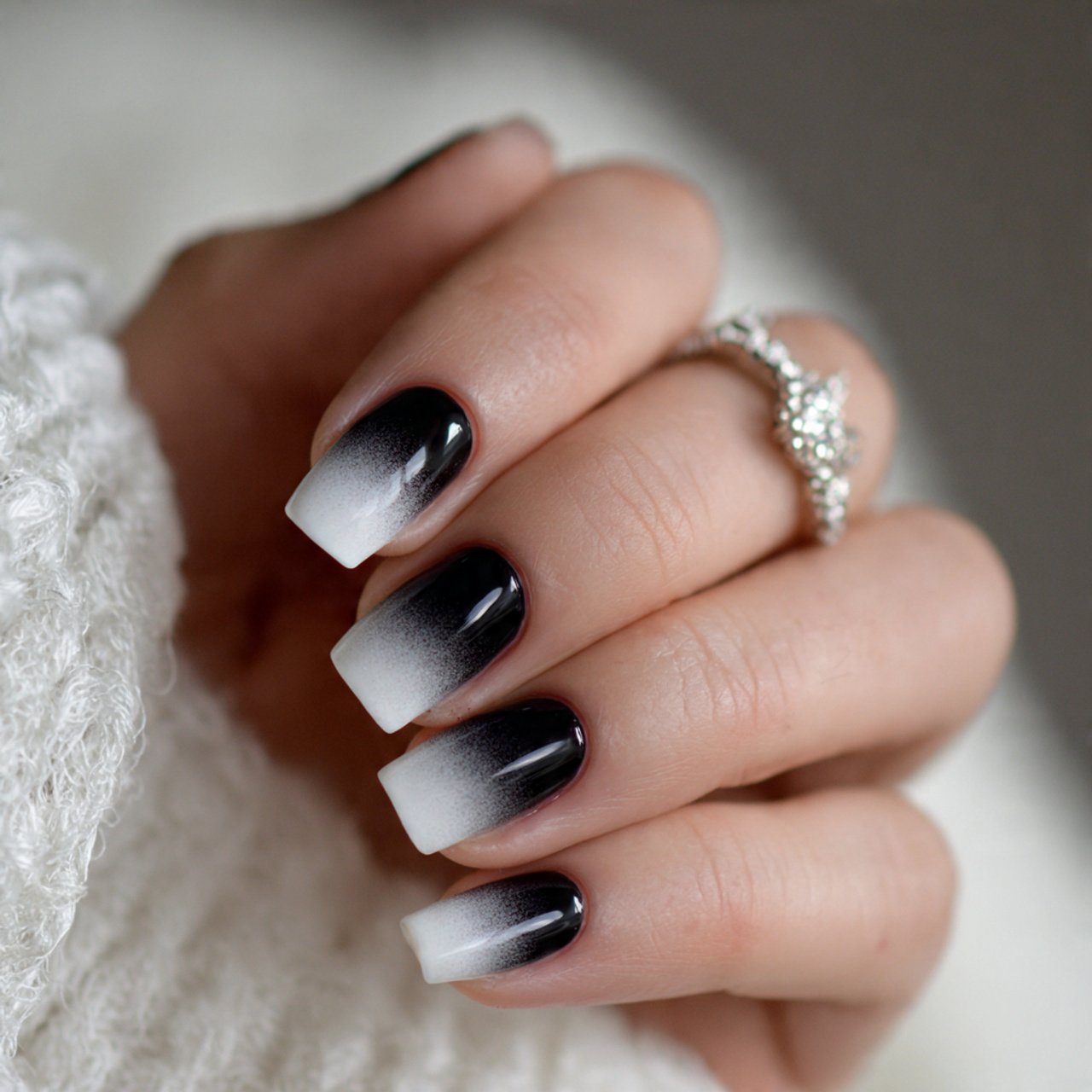 black white ombre nails natural nails