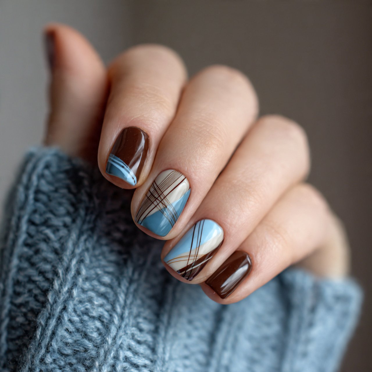 blue and brown abstract line art nails nice look n
