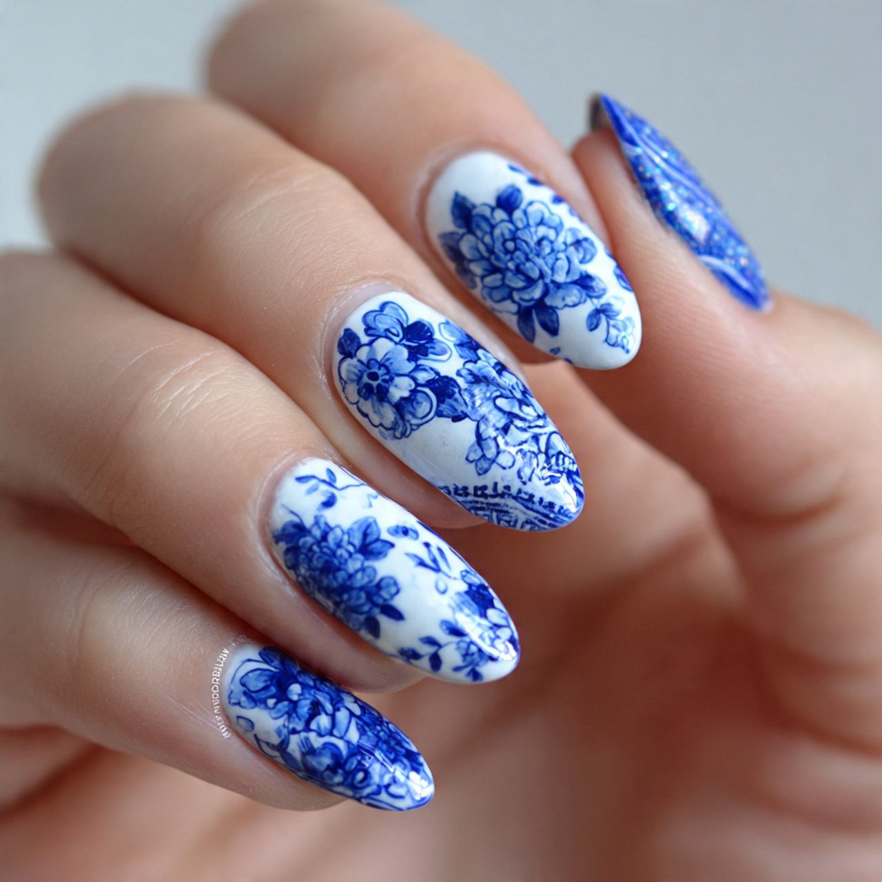 blue and white porcelain nails
