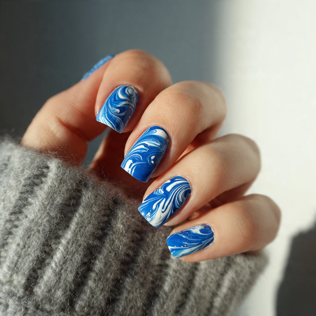 blue and white swirl nails