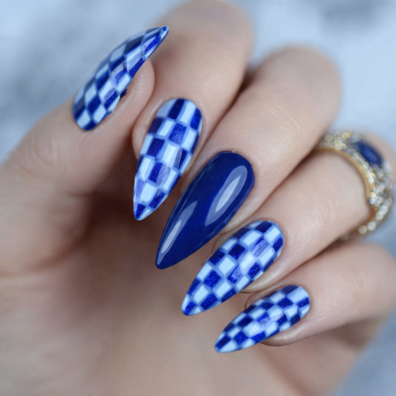 blue checkered nails
