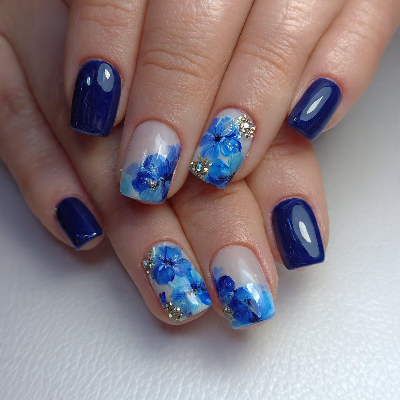 blue floral accent nails on a sheer base gorgeous